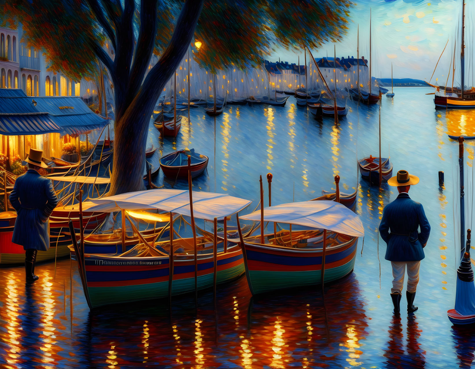 Serene harbor painting at dusk with boats, street lamps, and lone figure