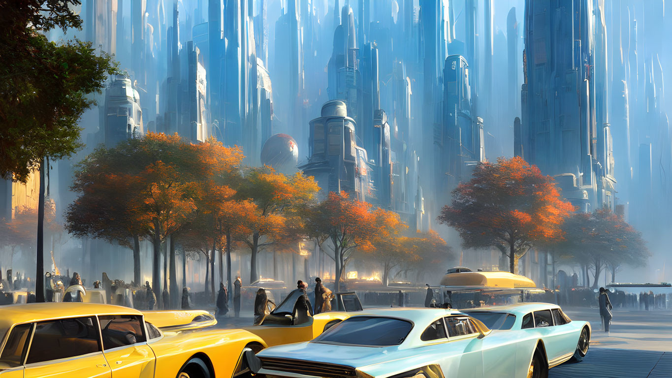 Futuristic cityscape with skyscrapers, vintage cars, and autumn trees.