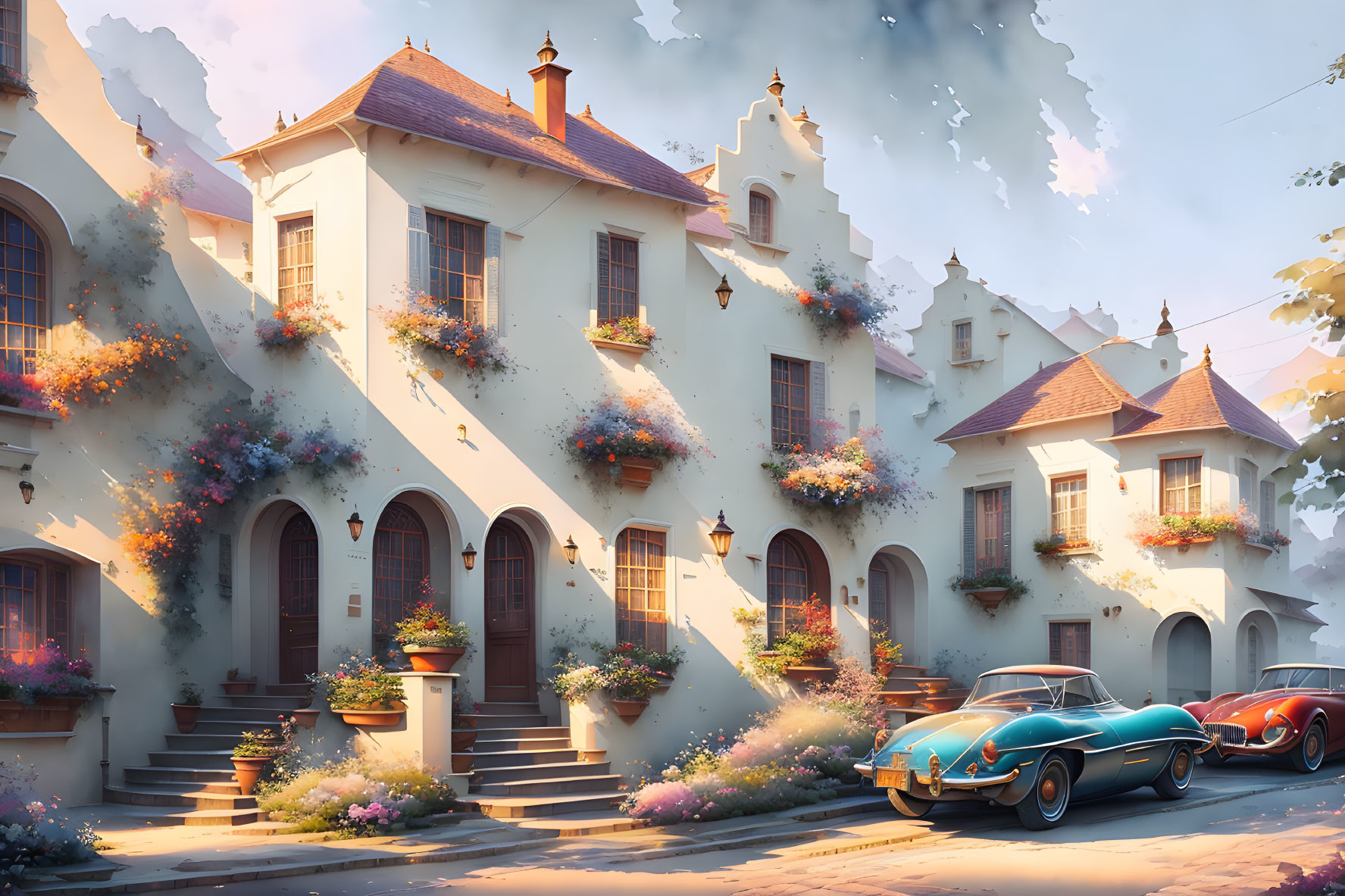 Charming street scene with white houses, flower boxes, and classic cars