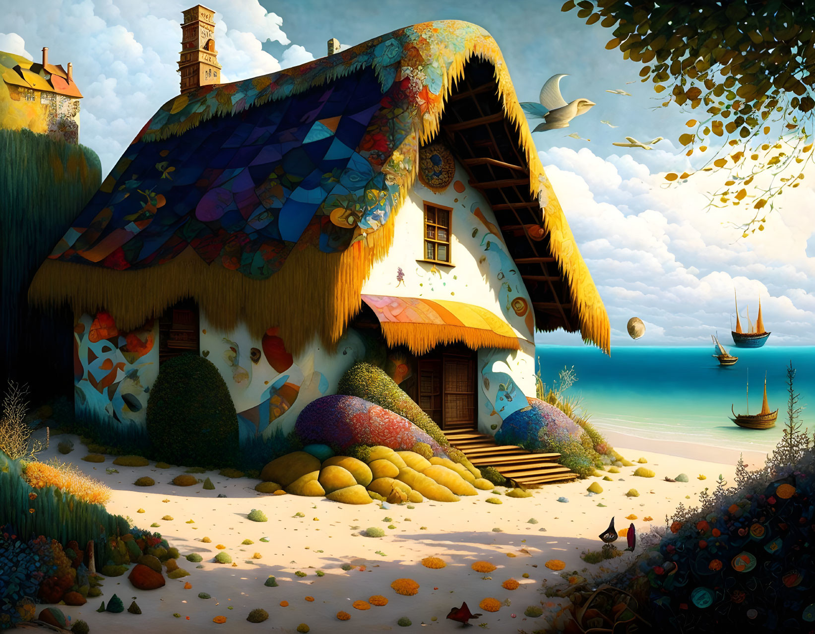 Vibrant Quilt-Patterned House by the Sea with Beach and Sailing Boats