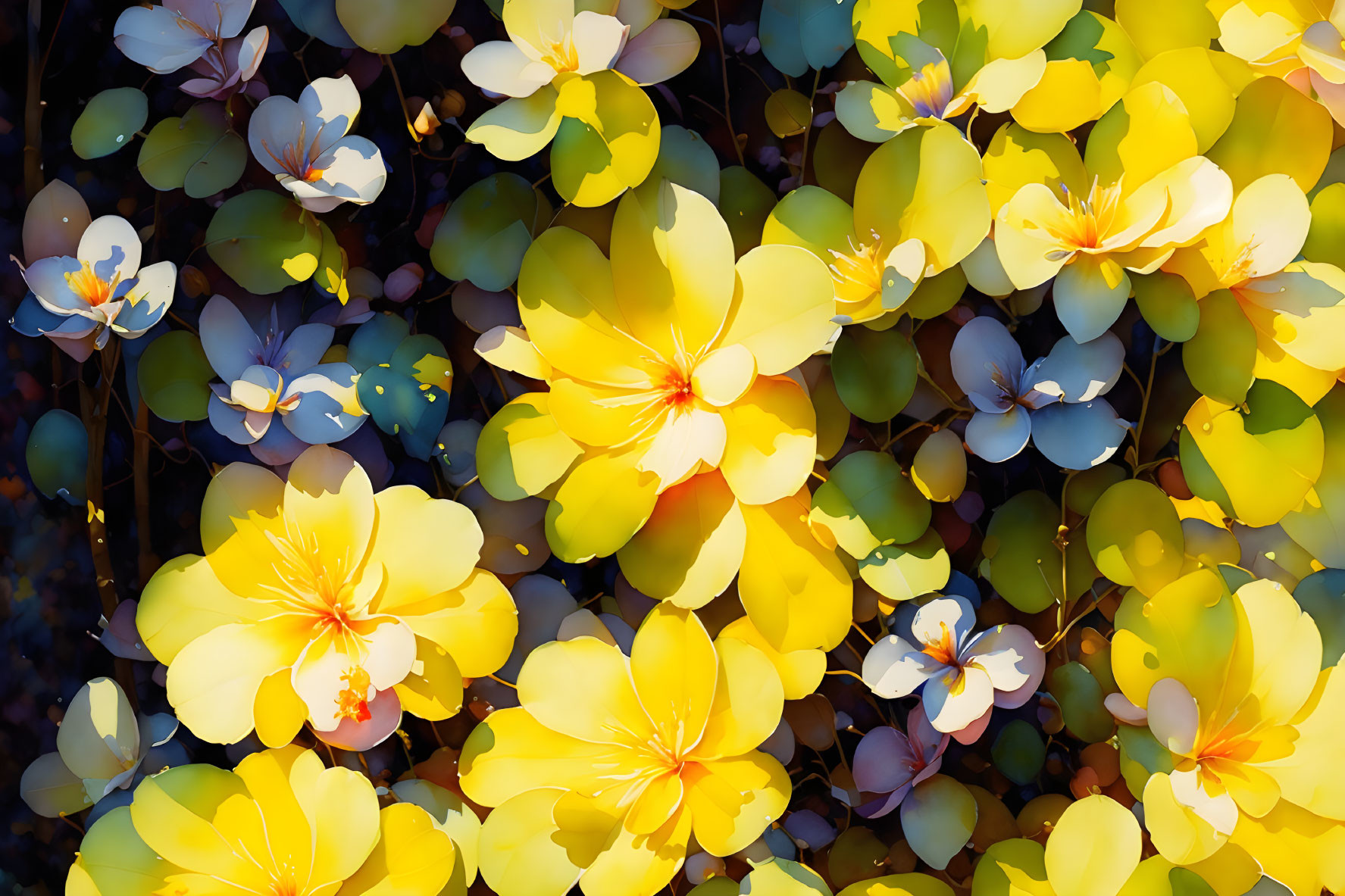 Yellow and Blue Flowers in Soft Painterly Style on Dark Background