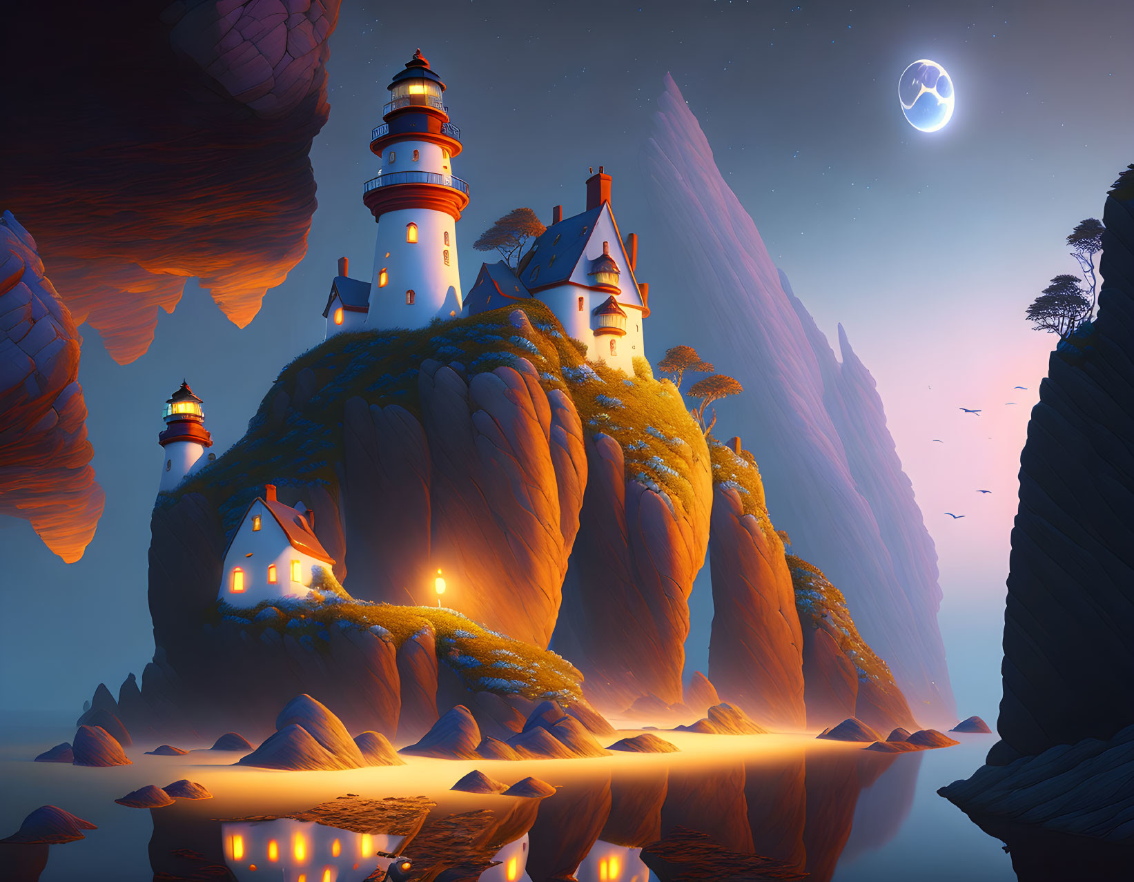 Luminous lighthouses on rugged cliffs by tranquil sea at night