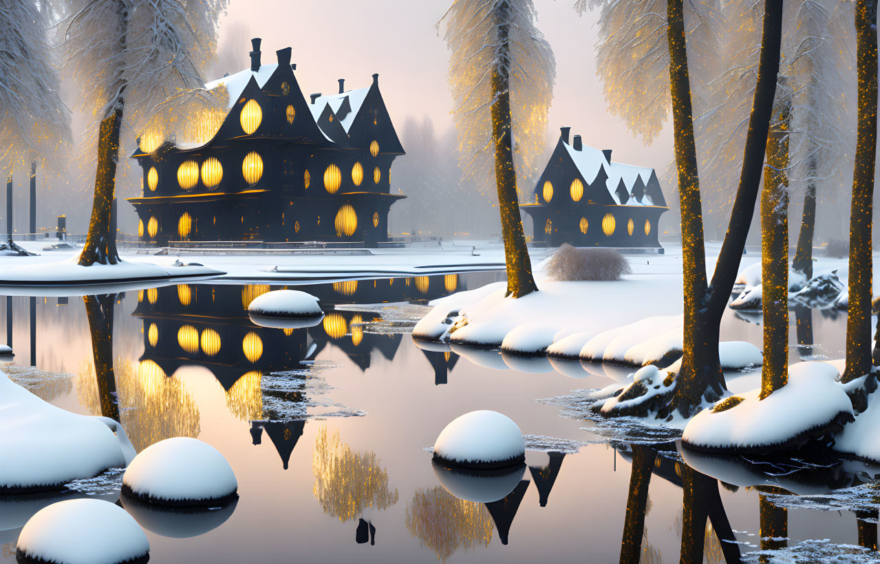 Snow-covered cottages by tranquil river in winter scene