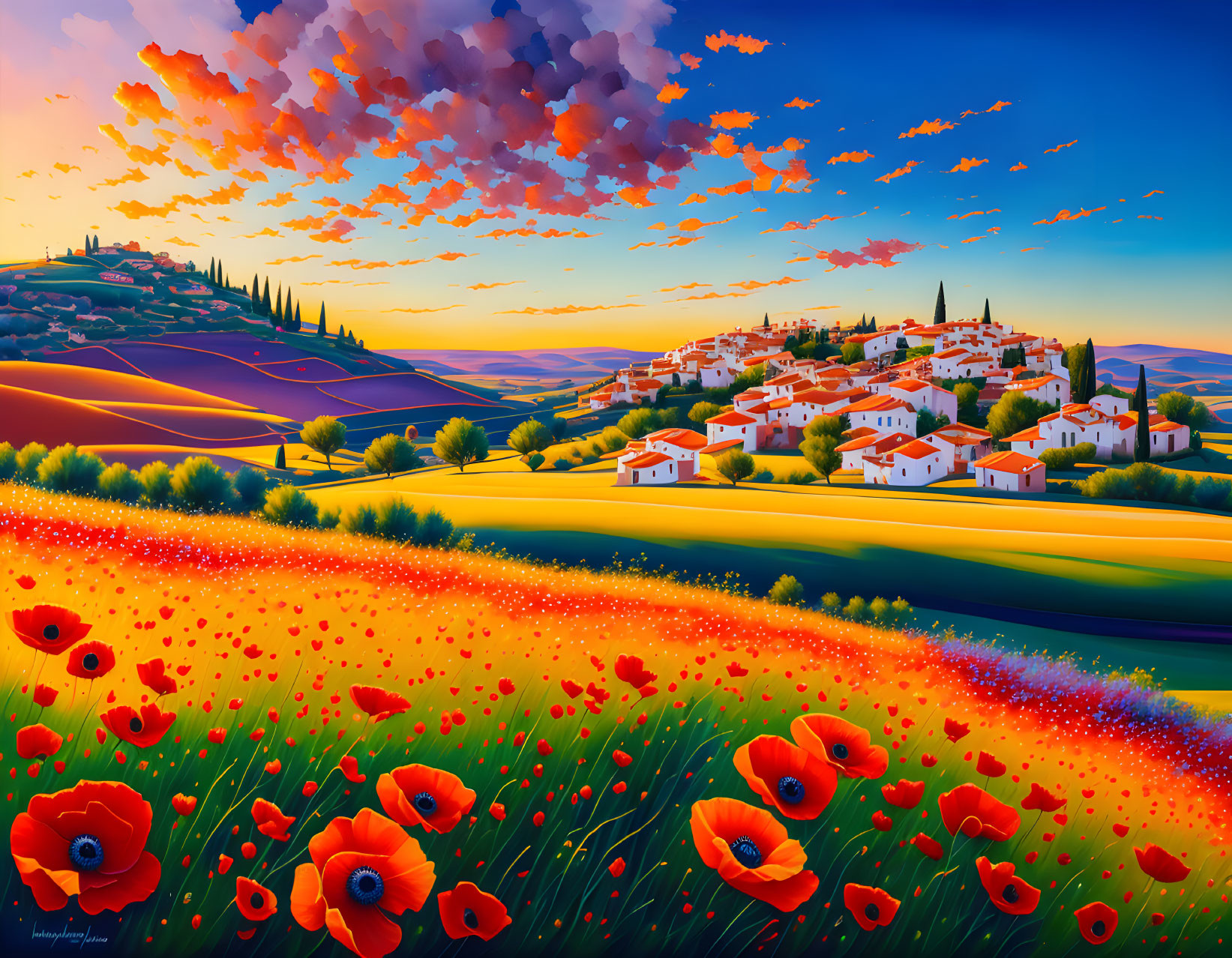 Scenic painting of village with poppy fields and sunset sky