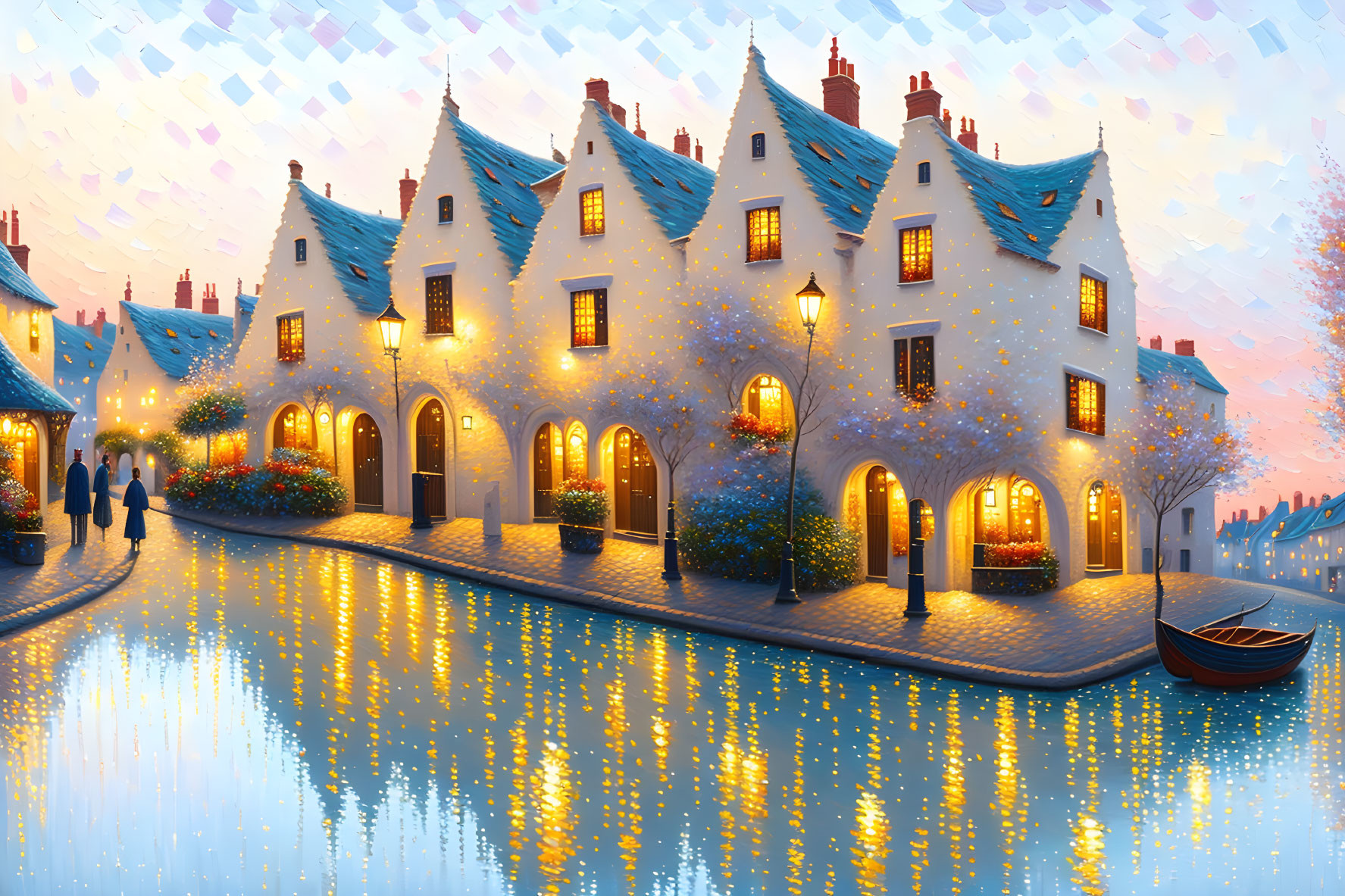 Twilight scene of quaint canal houses with reflections, boat, and starry sky