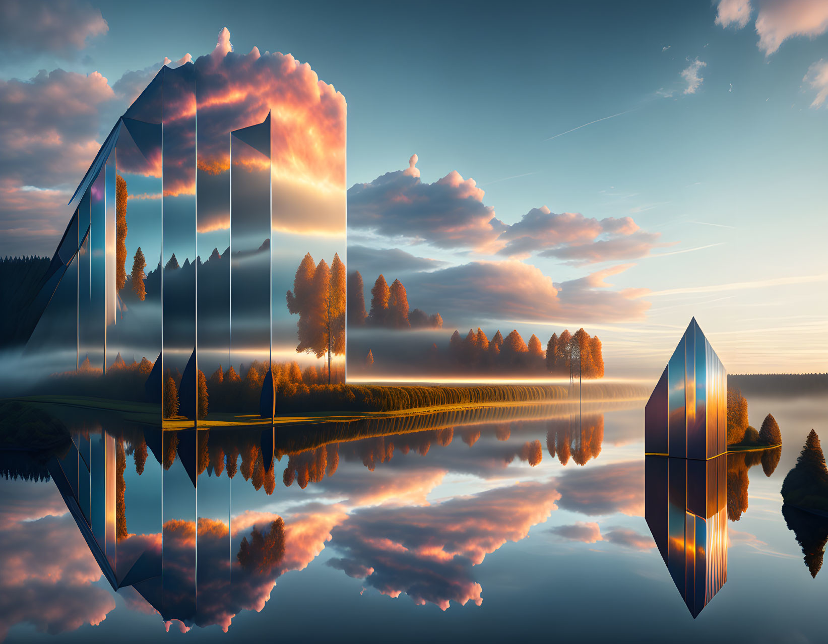 Reflective water and geometric shapes in serene landscape