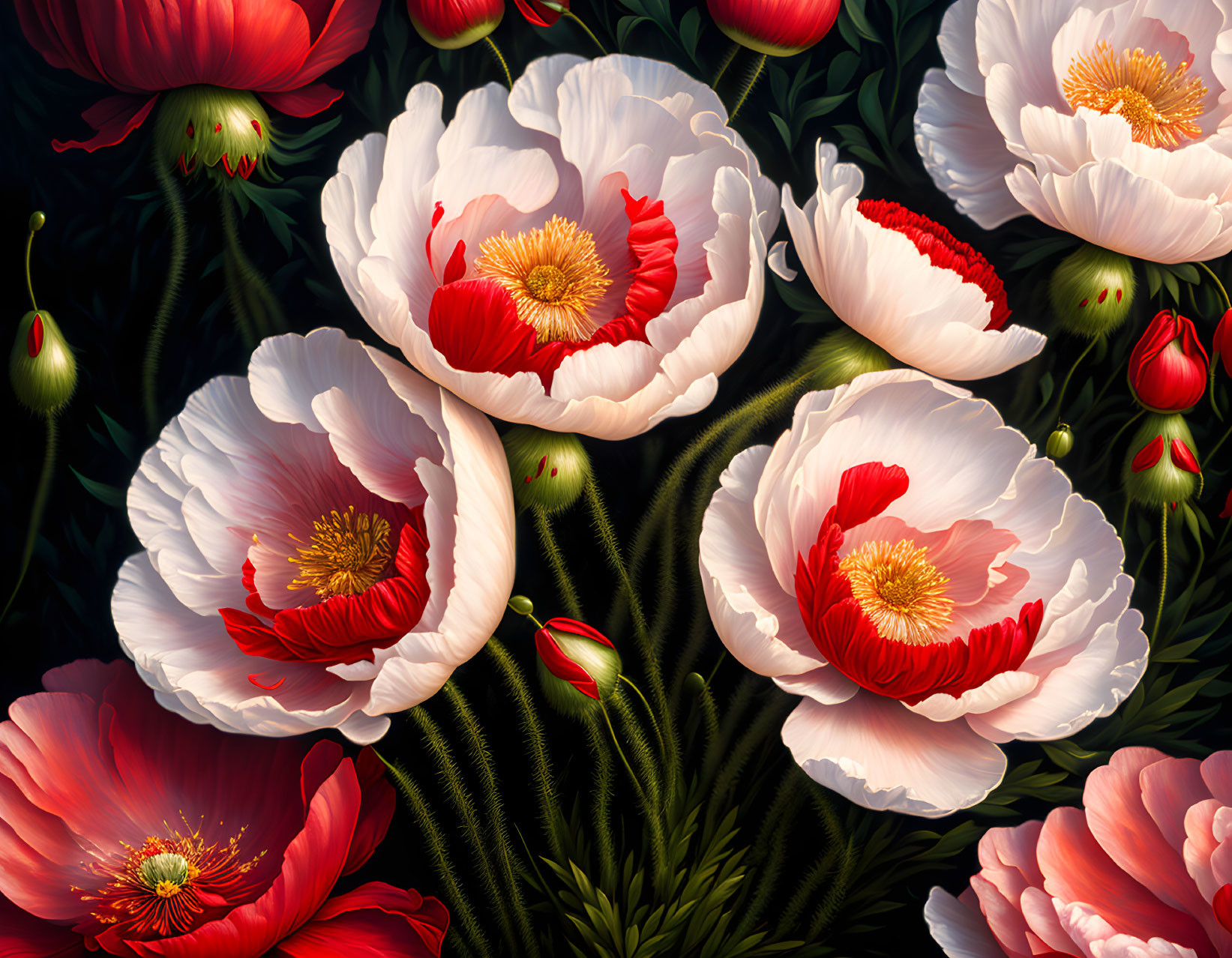 Vibrant peonies in red and white against dark backdrop