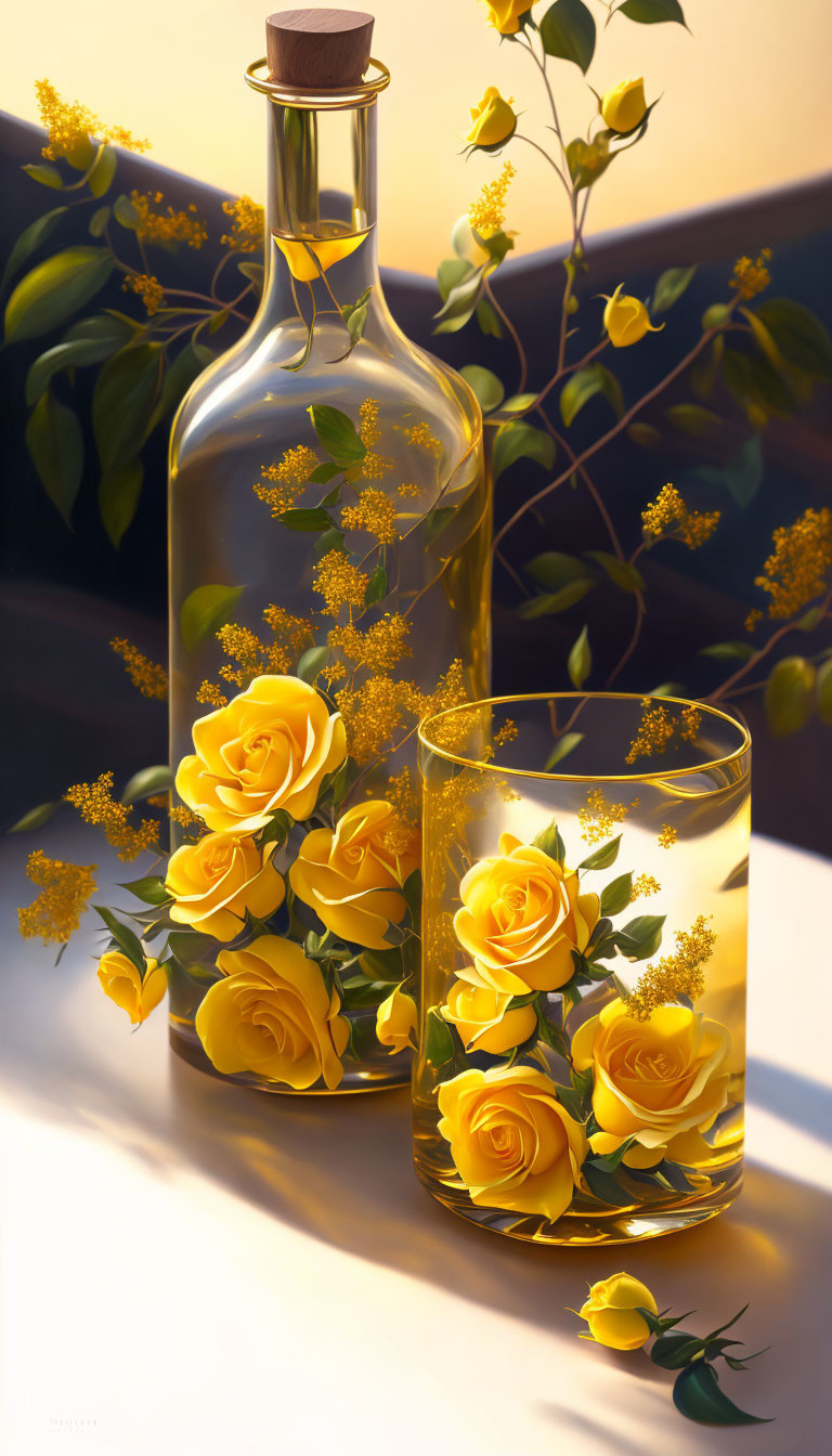 Tranquil still life with bottle, glass, and yellow roses in liquid