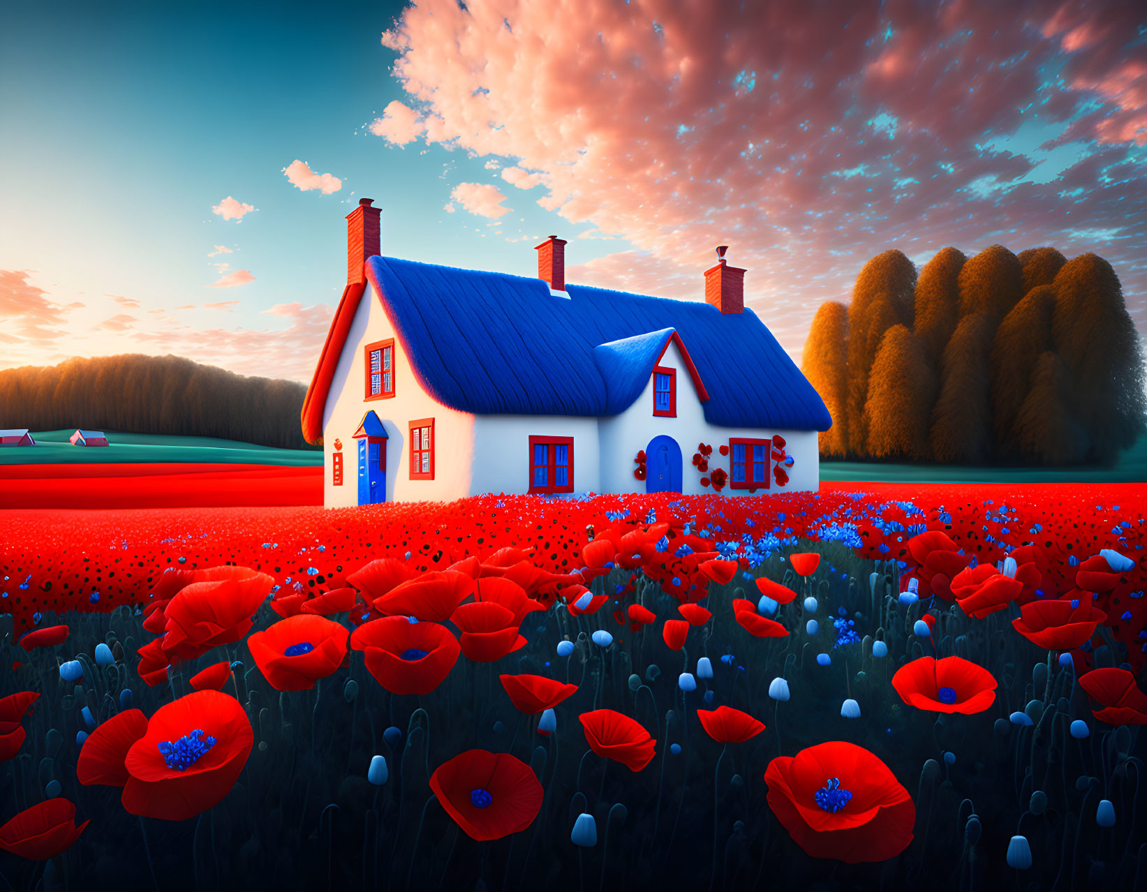 White House with Blue Roof in Red Poppy Field at Sunset