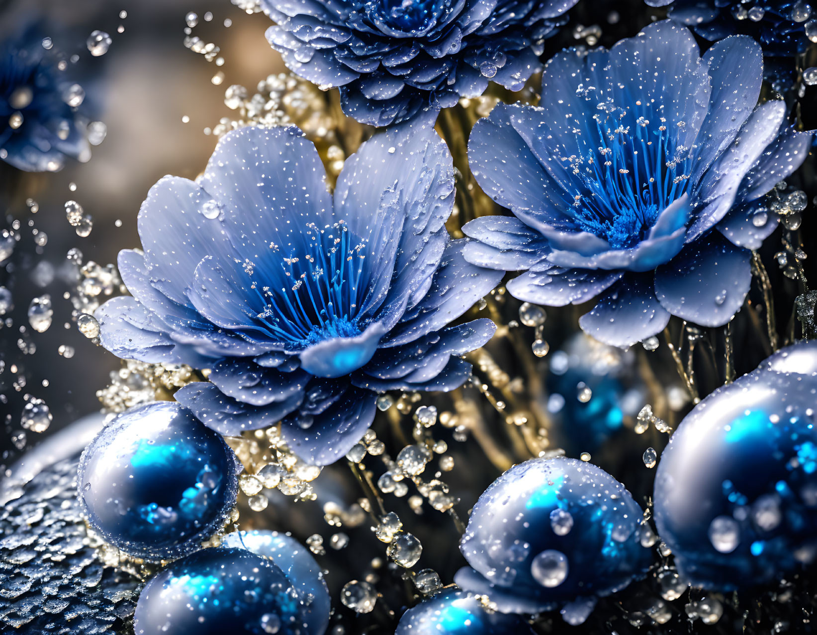 Detailed Blue Flowers with Water Droplets in Mystical Close-Up