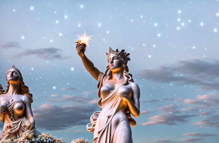 Bronze statues of two women reaching towards starry sky at dusk