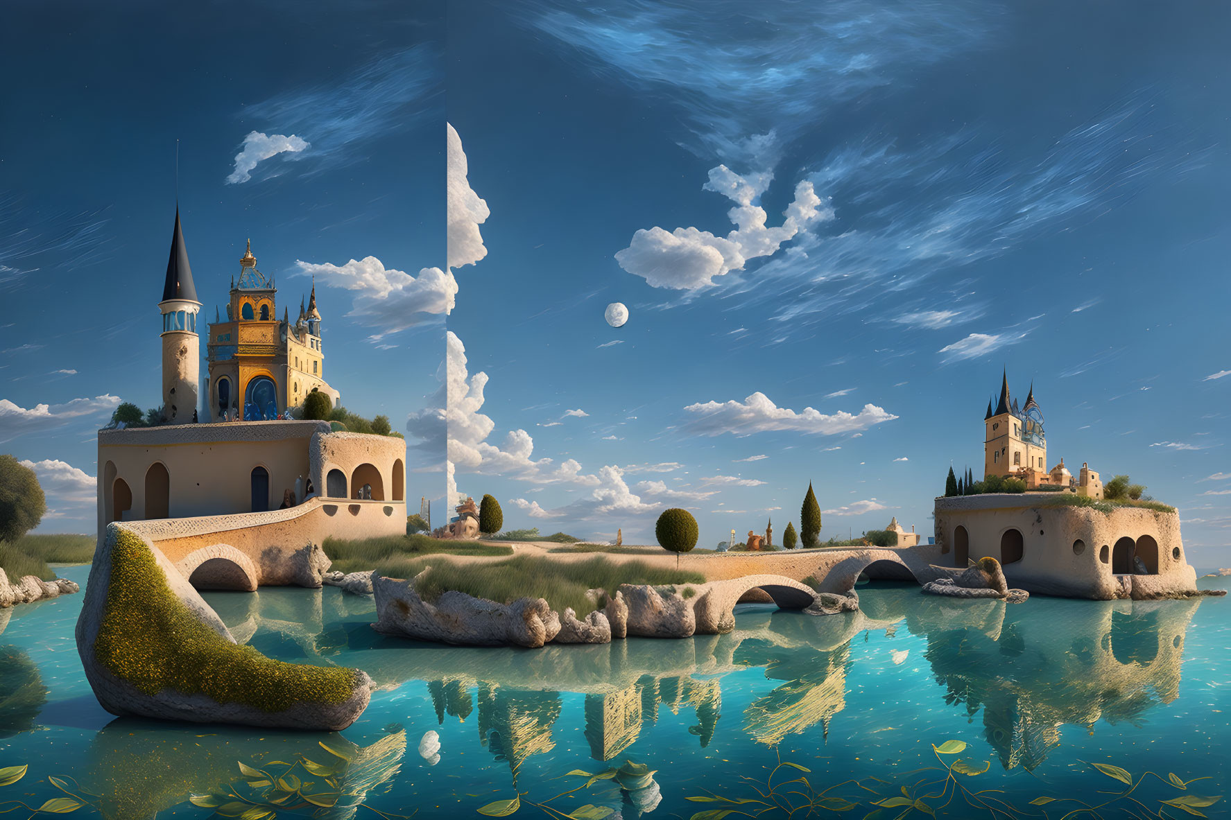 Fantasy landscape: Three castles on islets, blue sky, moon, calm water