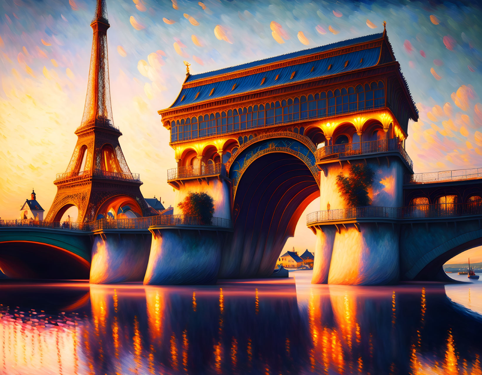 Fantastical cityscape with Eiffel Tower fusion and ornate bridge over river at sunset