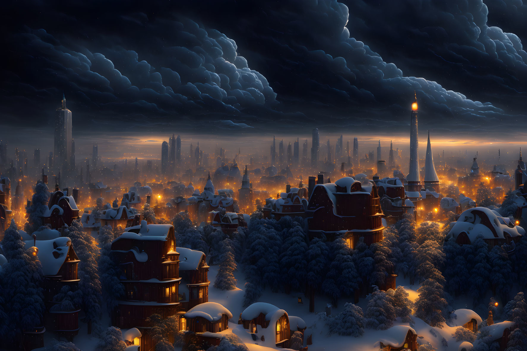 Snow-covered winter cityscape with illuminated windows