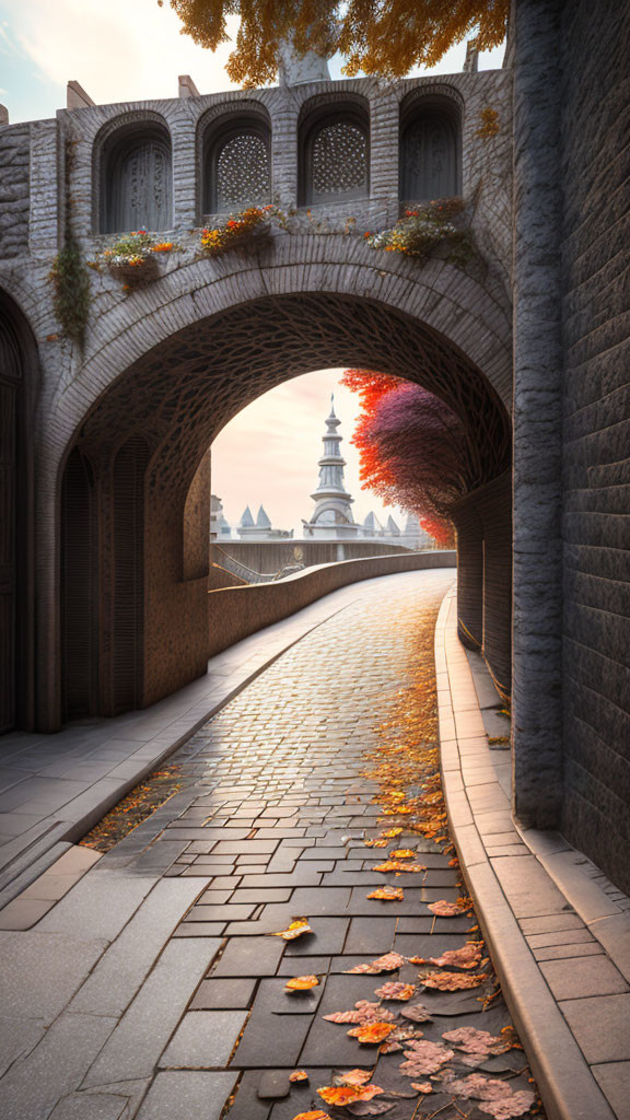 Curved cobblestone path with stone walls and autumn leaves leading to distant tower.