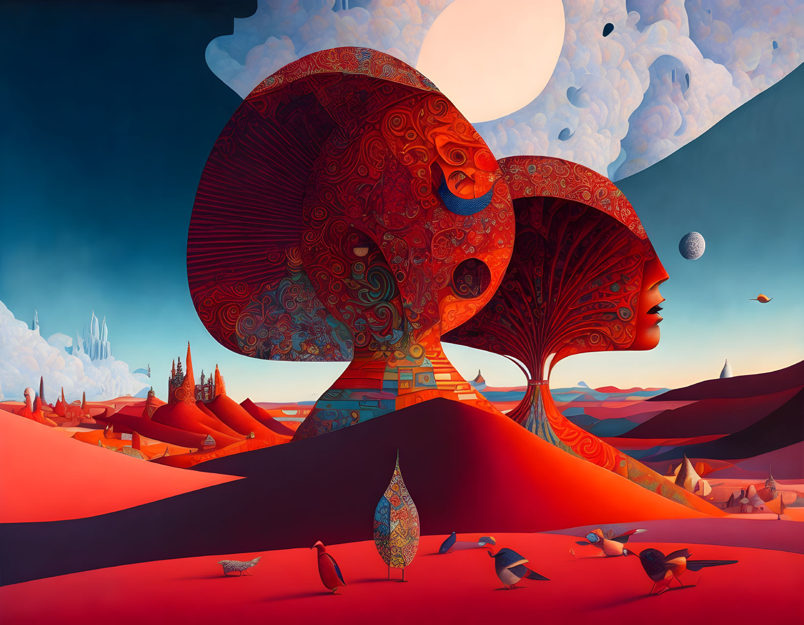 Surreal landscape with stylized faces, red dunes, white sun, architecture, and birds