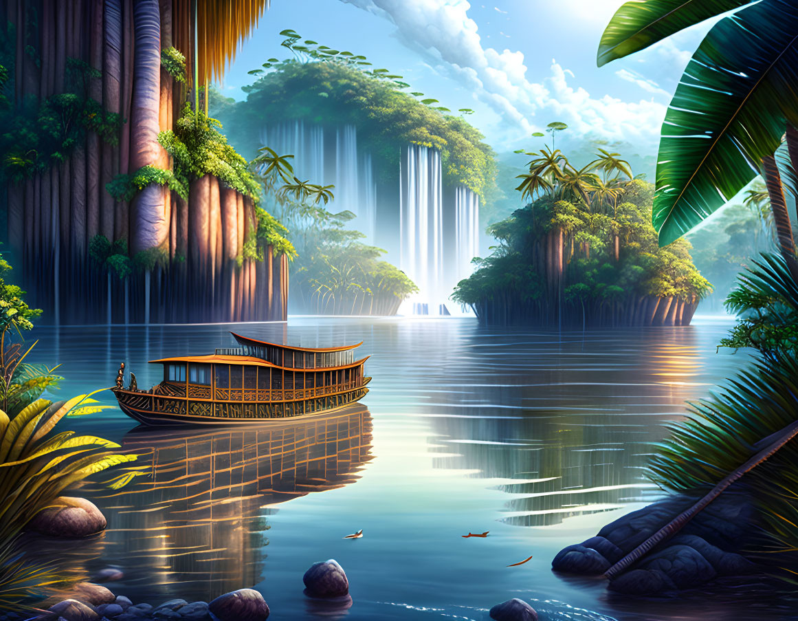 Tranquil tropical scene: boat on serene lake, waterfalls, lush greenery, exotic foliage