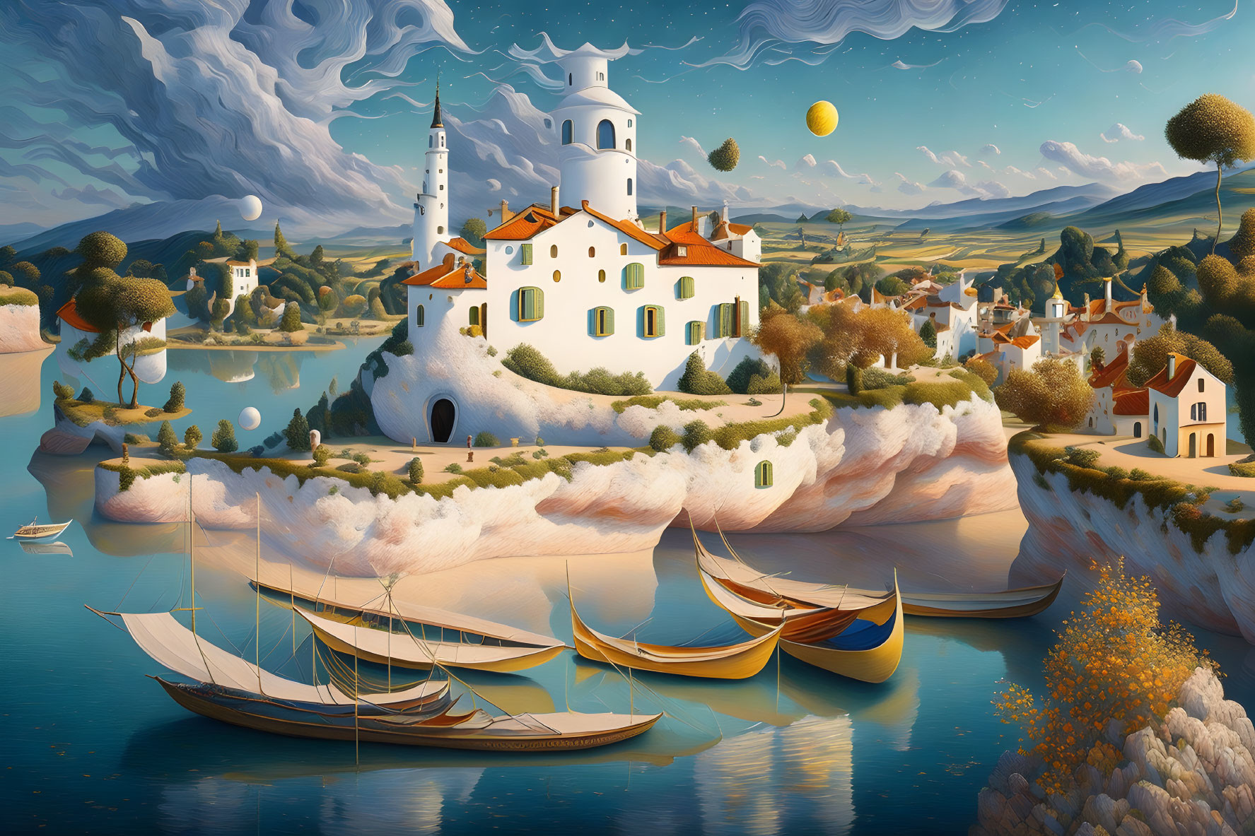 Coastal village with boats and surreal elements under sunny sky