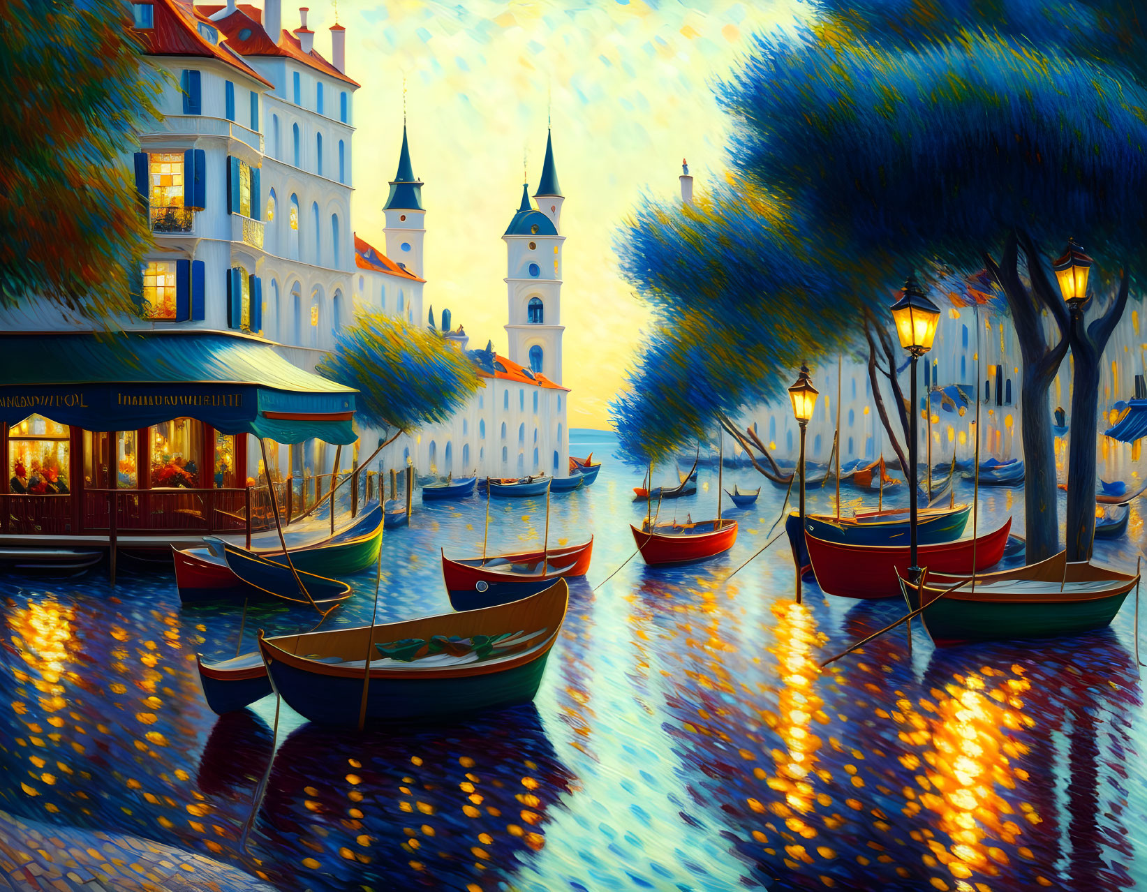 Colorful coastal town painting with boats, cobblestone paths, lit buildings, street lamps, and