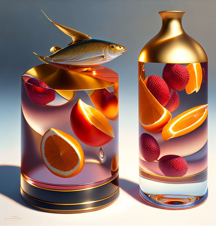 Surreal fish jumping over fruit-filled cylinder and sealed jar