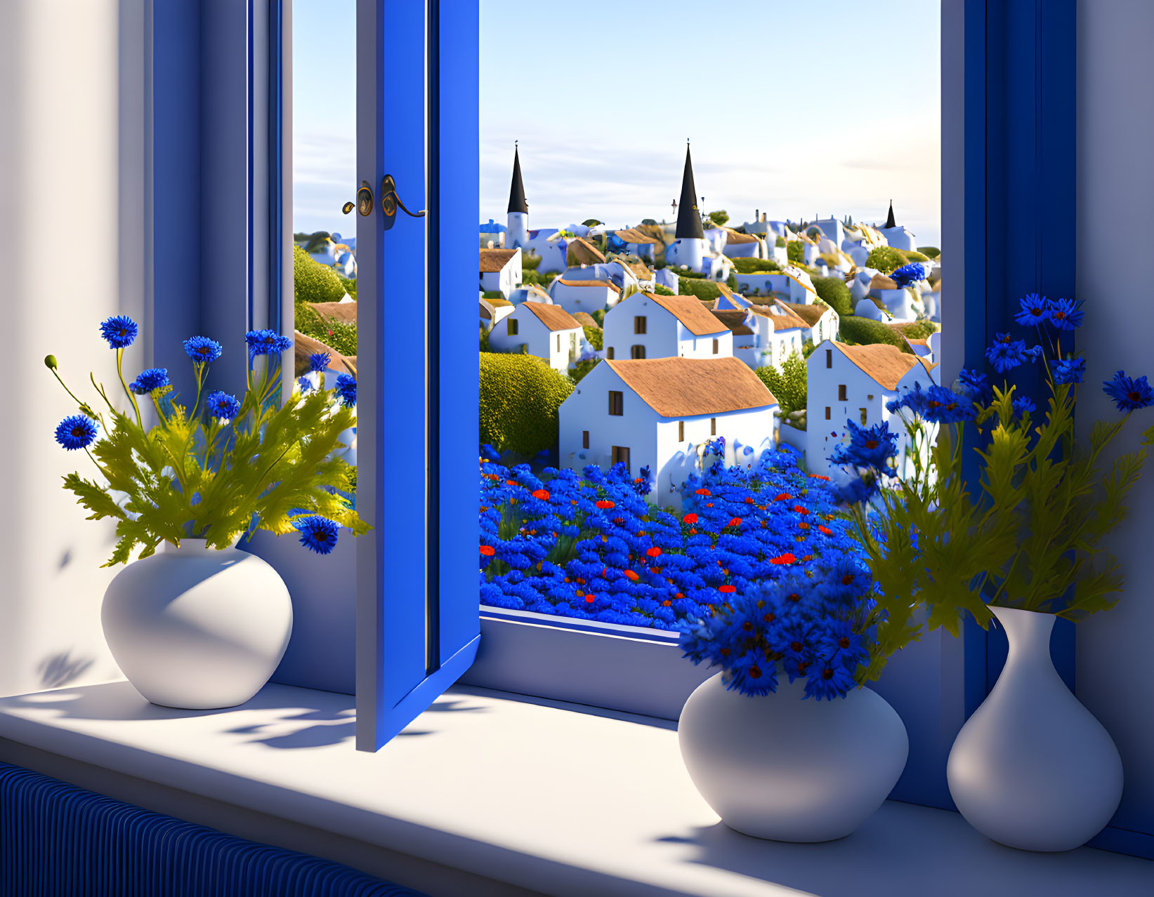 Charming village scene with white houses, spires, and blue flowers from an open window