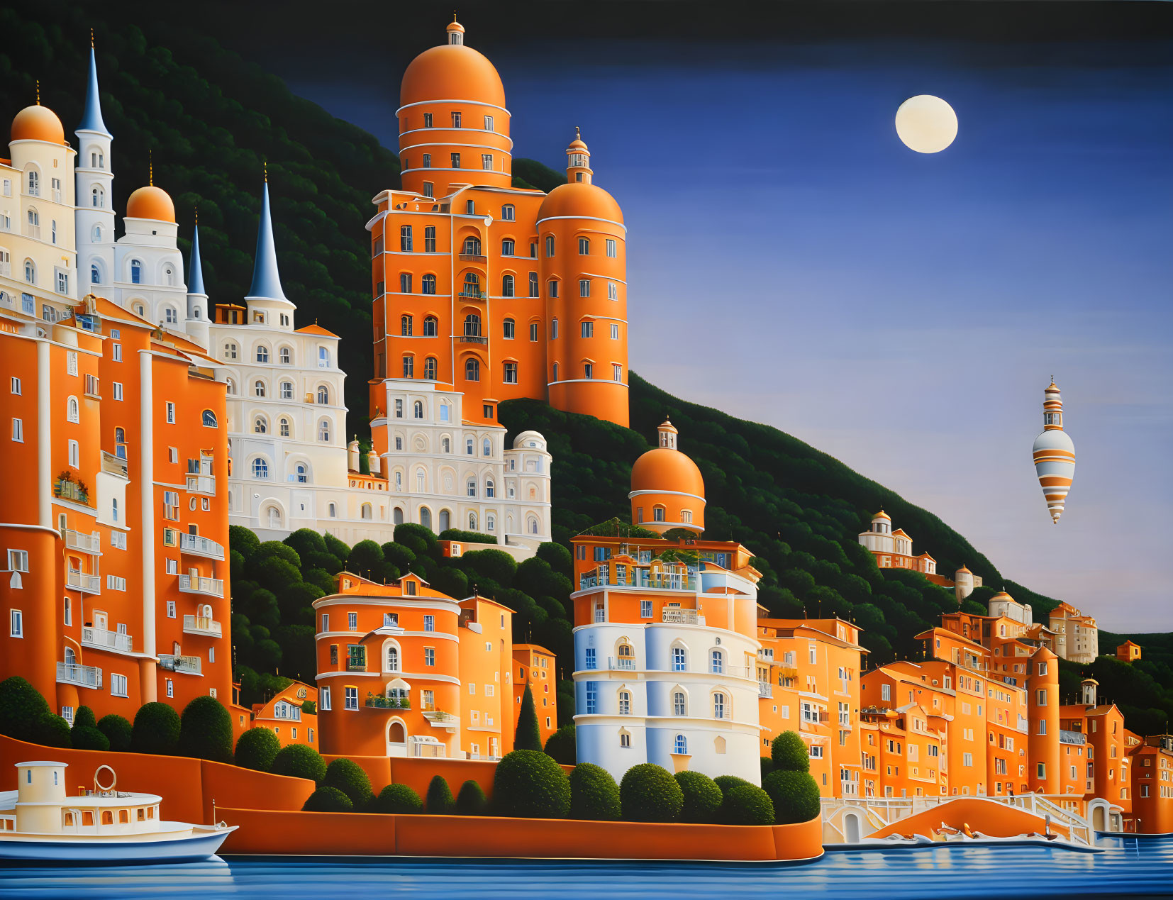 Surreal painting of coastal city with full moon and boat