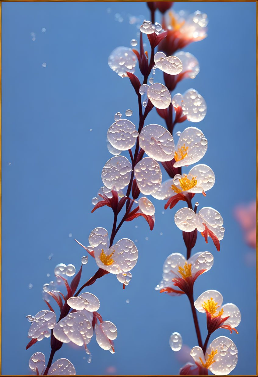 Delicate flower stalk with water droplets on translucent petals against blue sky