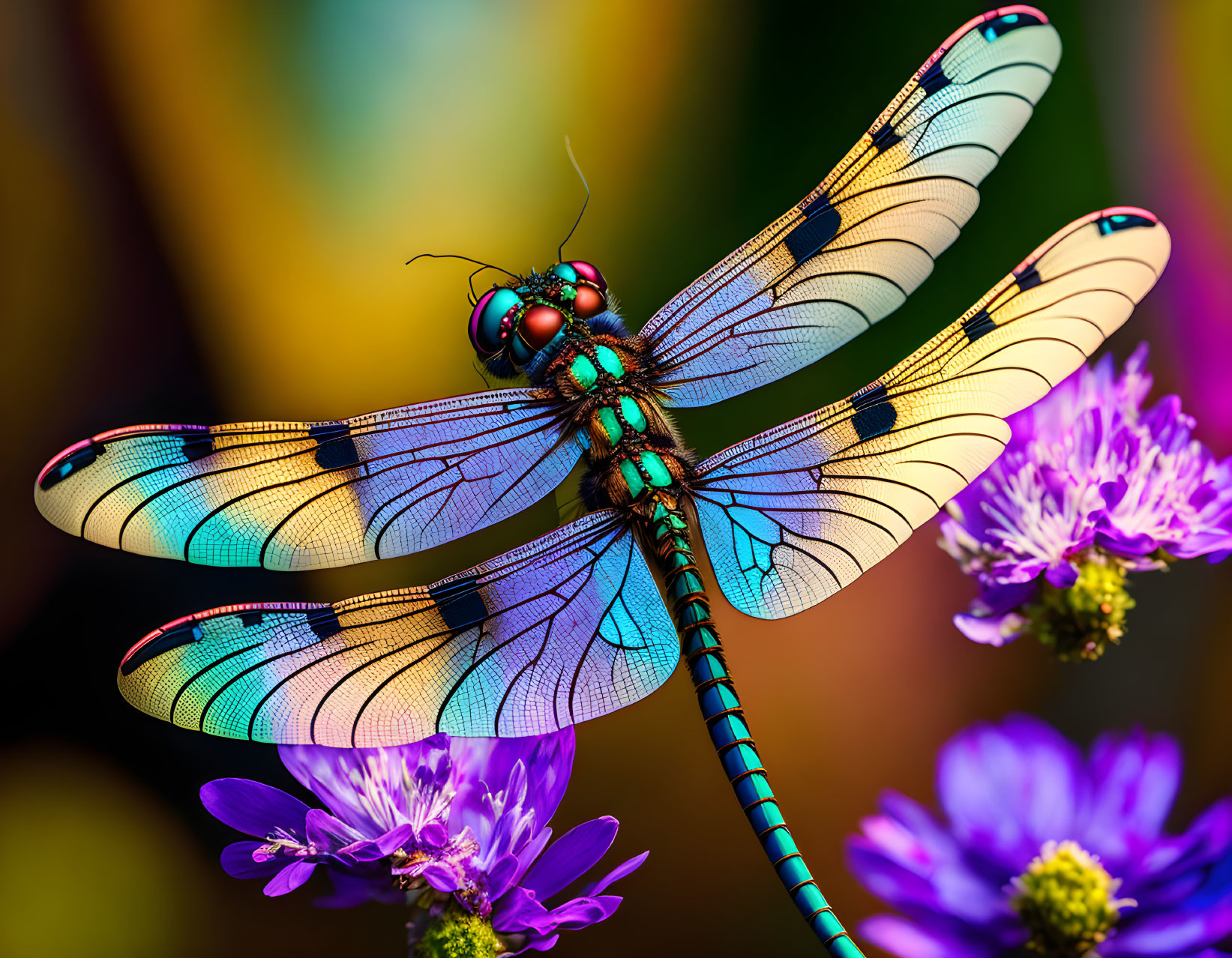 Colorful Dragonfly Resting on Purple Flowers and Multicolored Background