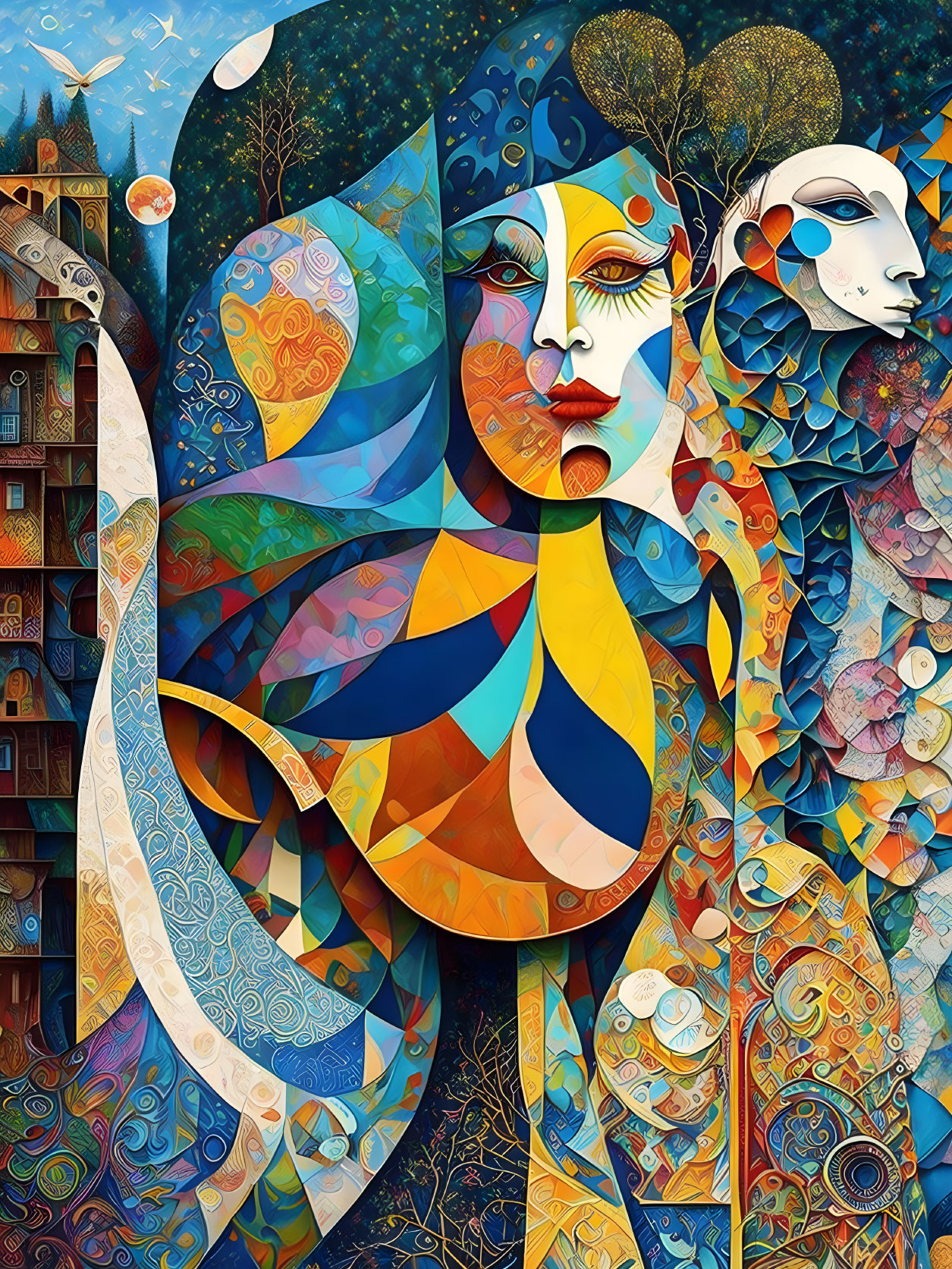 Colorful abstract artwork with stylized faces and nature motifs