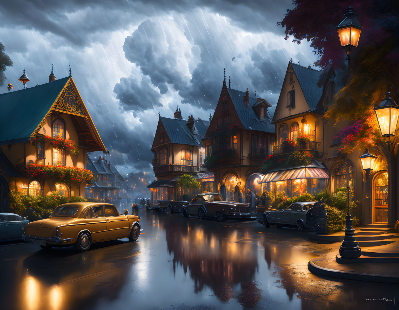 Vintage cars and dramatic clouds in a quaint town night scene