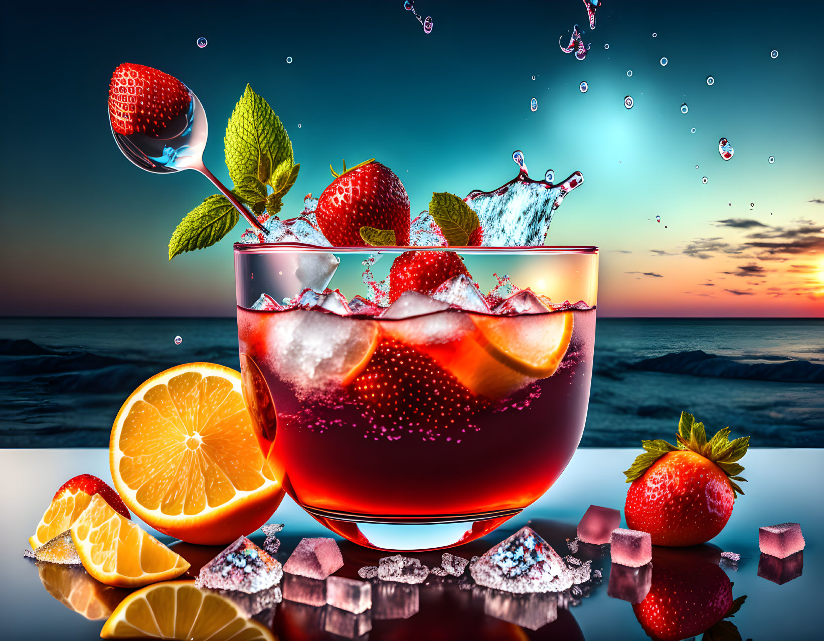 Colorful Cocktail with Fruit and Ice on Sunset Beach