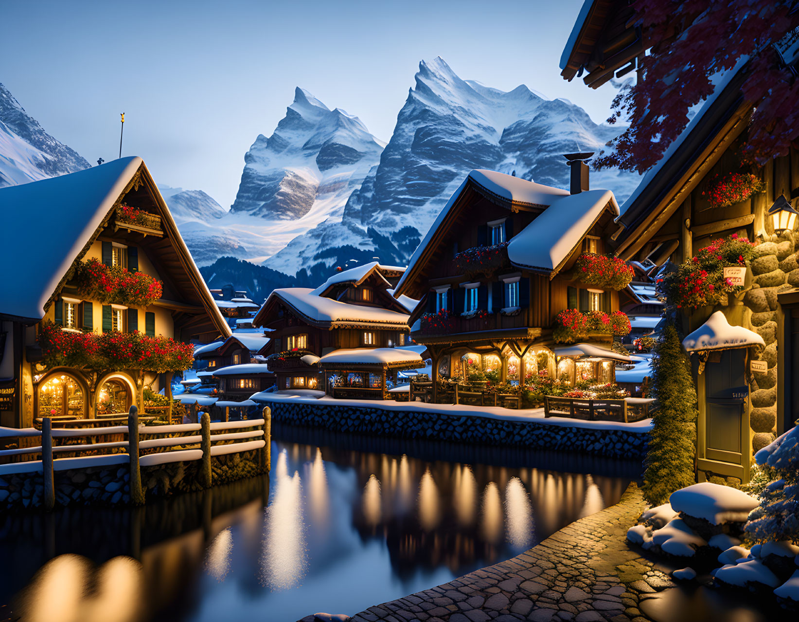 Snow-covered alpine village at twilight with illuminated chalets and serene river.