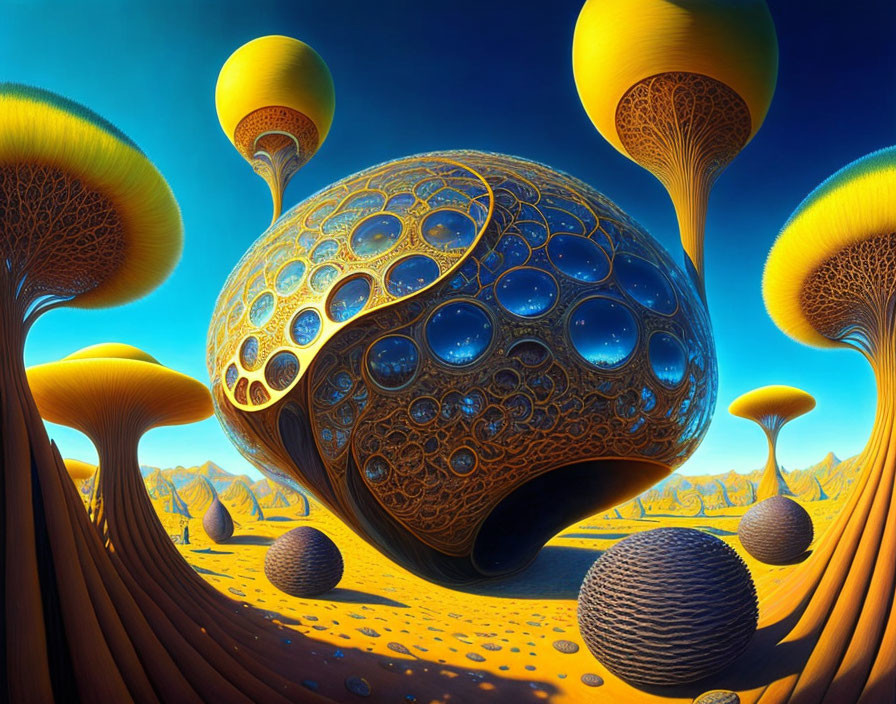 Surreal landscape with central structure, intricate patterns, and mushroom-like trees