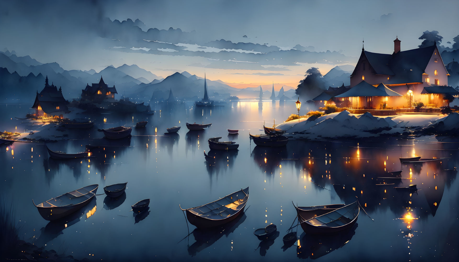 Tranquil twilight scene with boats, illuminated houses, and distant mountains