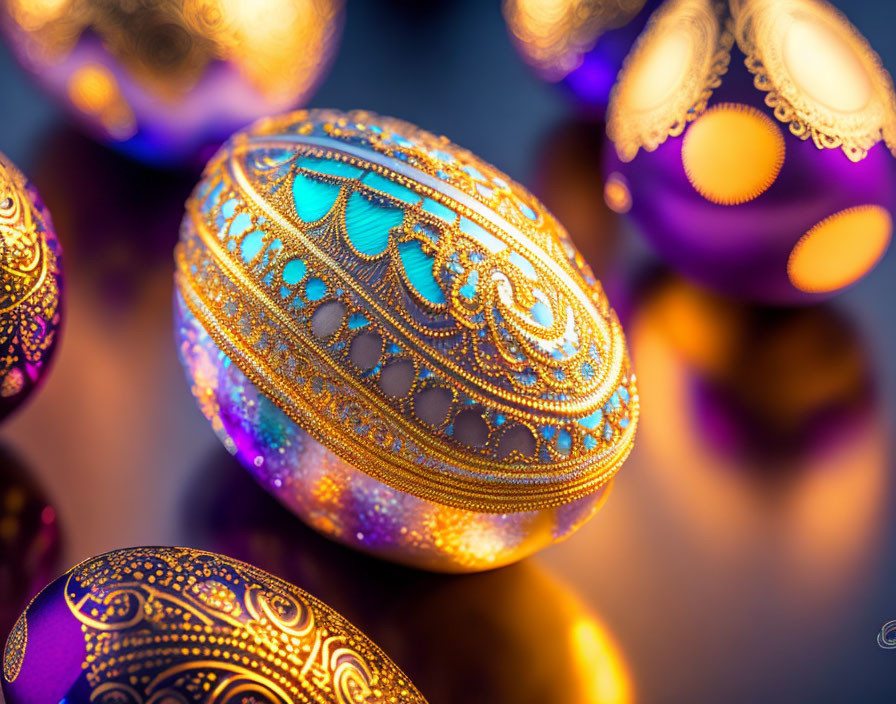 Intricately Decorated Golden Patterned Eggs on Reflective Surface