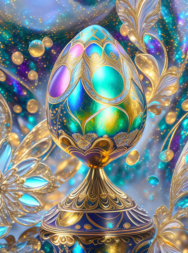 Intricate Jewel-Toned Fabergé Egg on Glittery Background