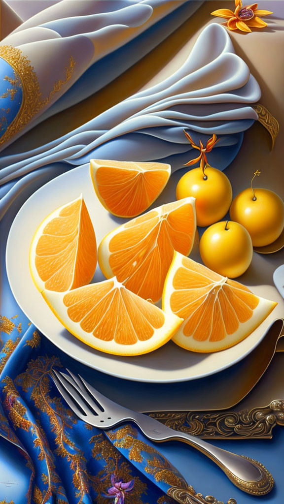 Colorful Still-Life with Oranges, Plums, and Ornate Fork on Blue and Gold Fabric