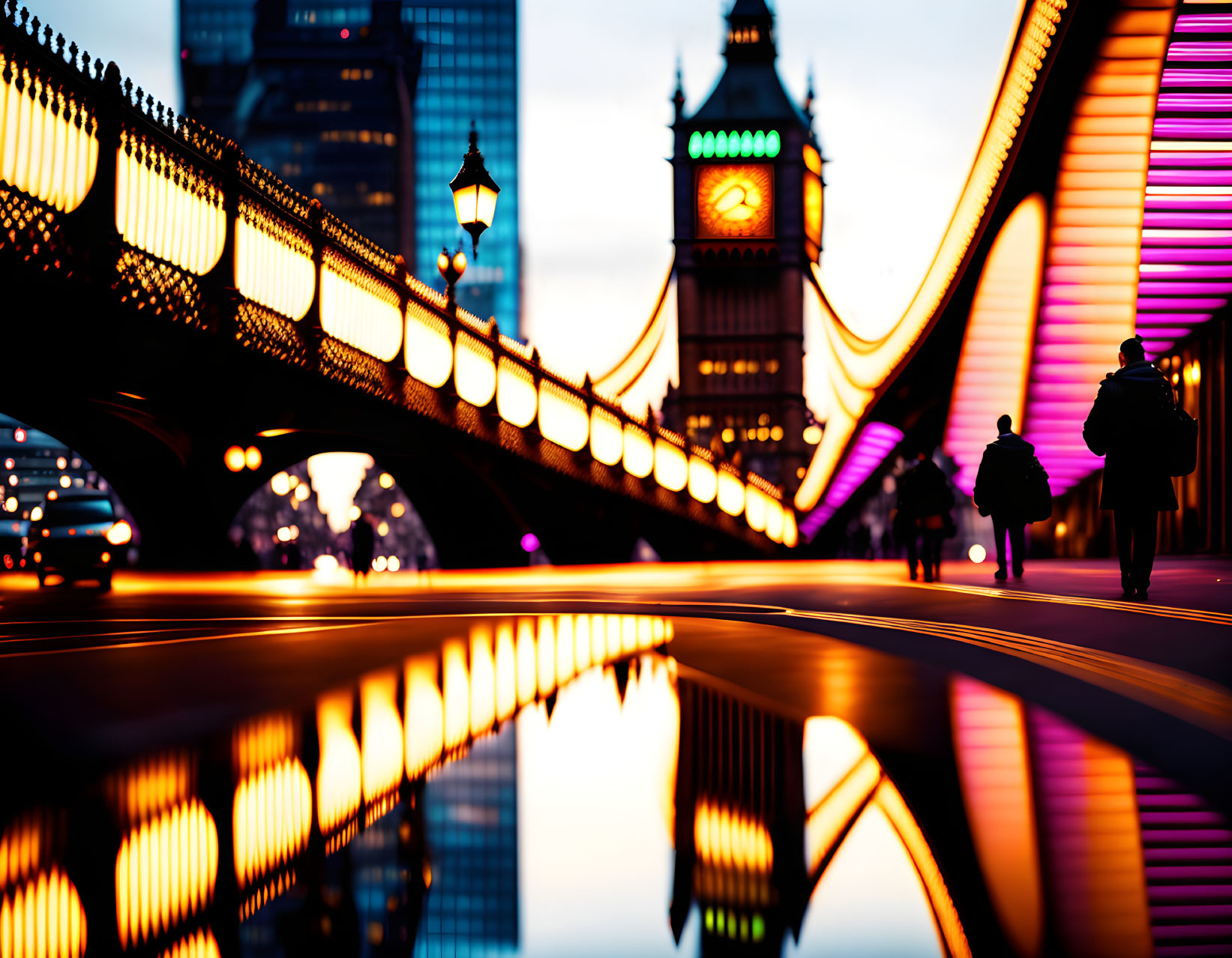 City bridge at dusk with silhouetted figures and clock tower.