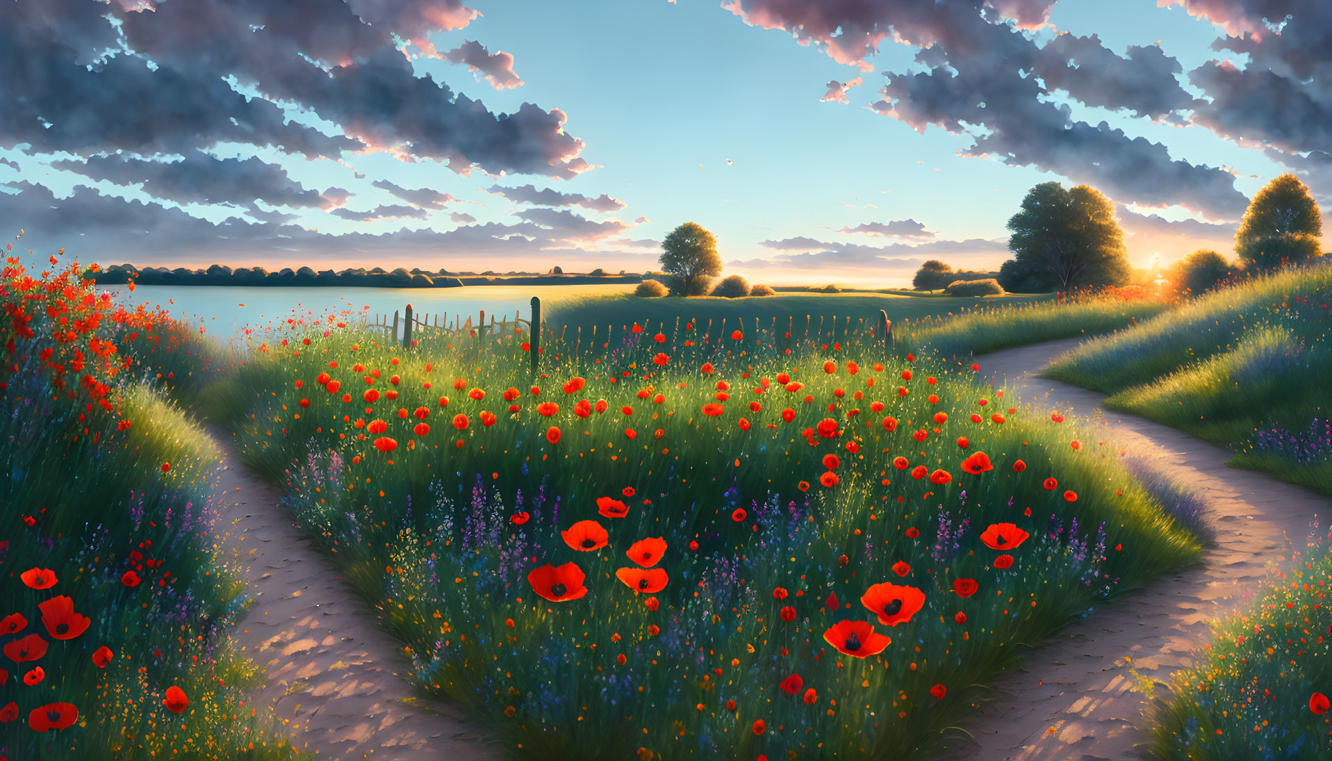 Tranquil sunset landscape with winding path through wildflowers