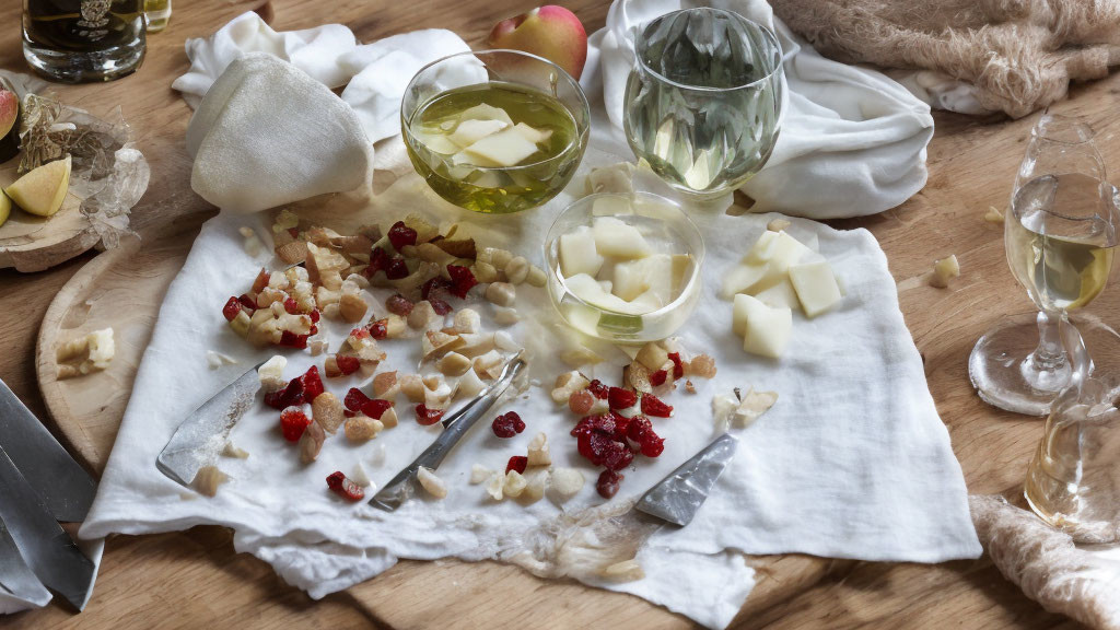 Rustic cheese platter with diced cheese, fruits, nuts, and wine on wooden table