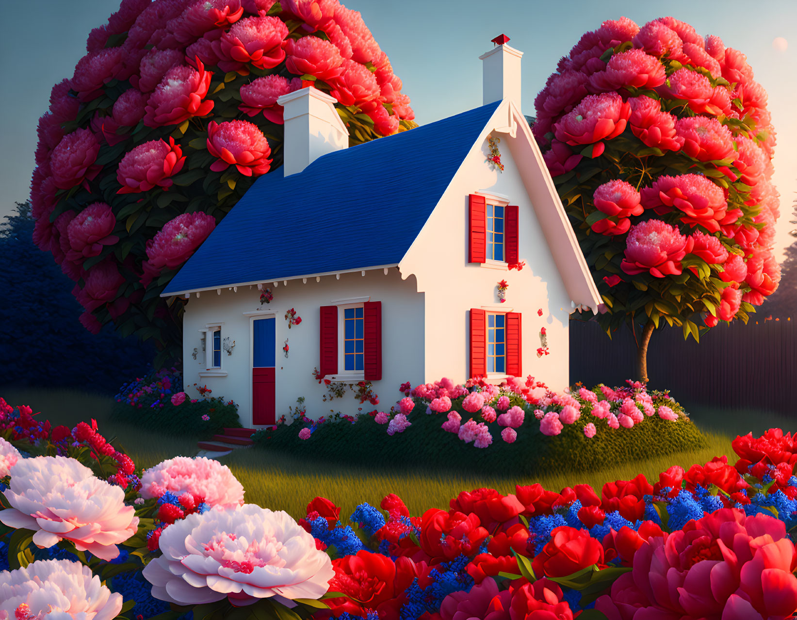 White House with Red Accents Surrounded by Pink and Red Flowers