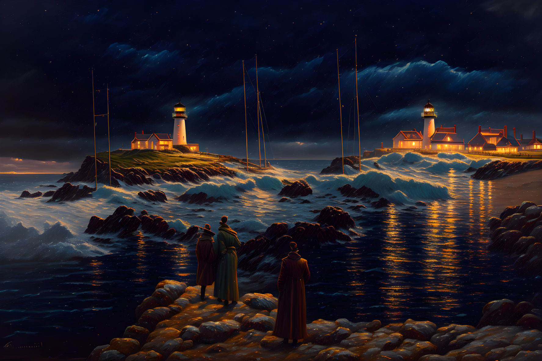 Night scene of people at rocky shore with lighthouse, starry sky, lit buildings, and sail