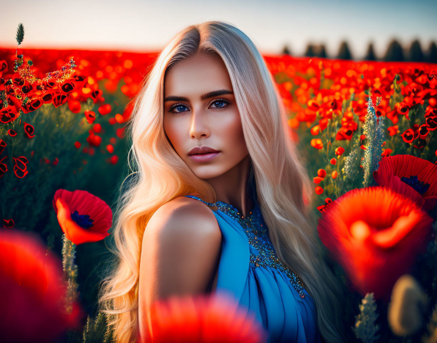 Blonde Woman in Blue Dress in Red Poppy Field at Sunset