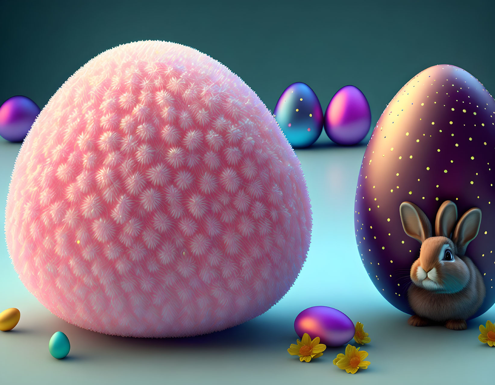 Whimsical Easter-themed image with pink egg, chocolate bunny, colorful eggs, and flowers.