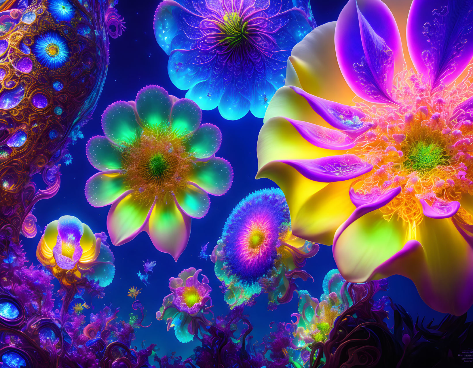 Colorful digital artwork of intricate neon flowers on cosmic blue backdrop