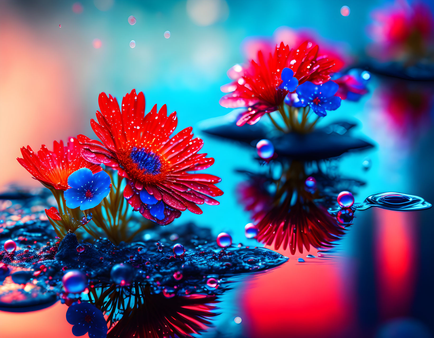 Colorful red and blue flowers with water droplets reflected on calm water surface.