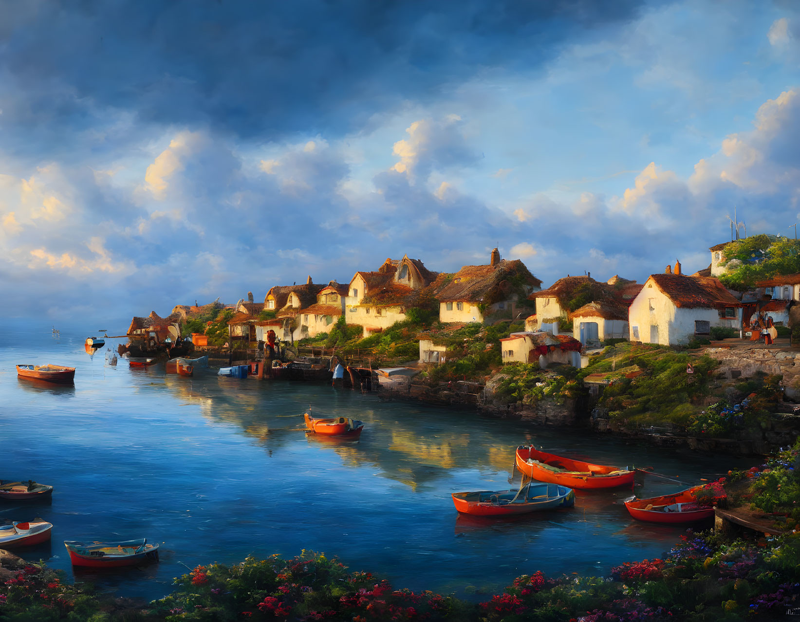 Tranquil coastal village: sunset, quaint houses, docked boats, vibrant flowers.