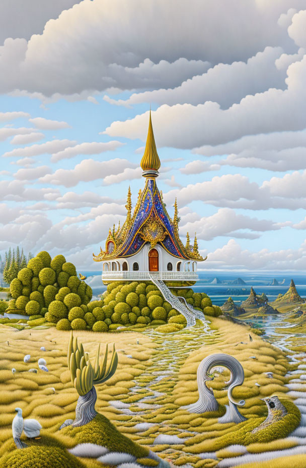 Golden spire temple on lush hilltop with gardens and sea views