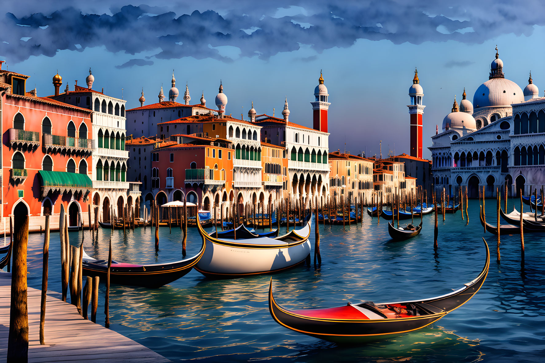 Colorful Venice Cityscape with Grand Canal and Santa Maria della Salute at Sunset