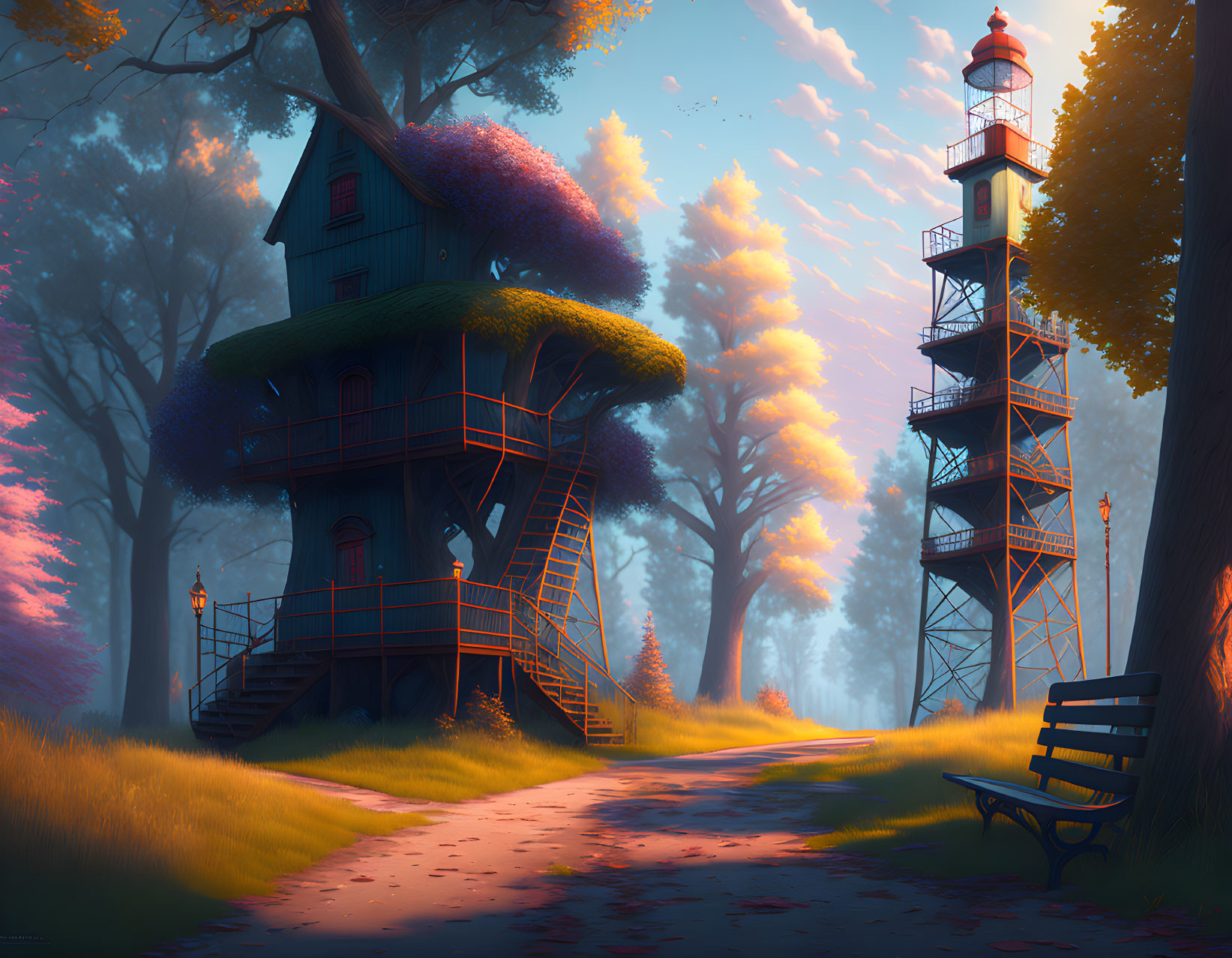 Enchanting forest scene with whimsical treehouse and lighthouse